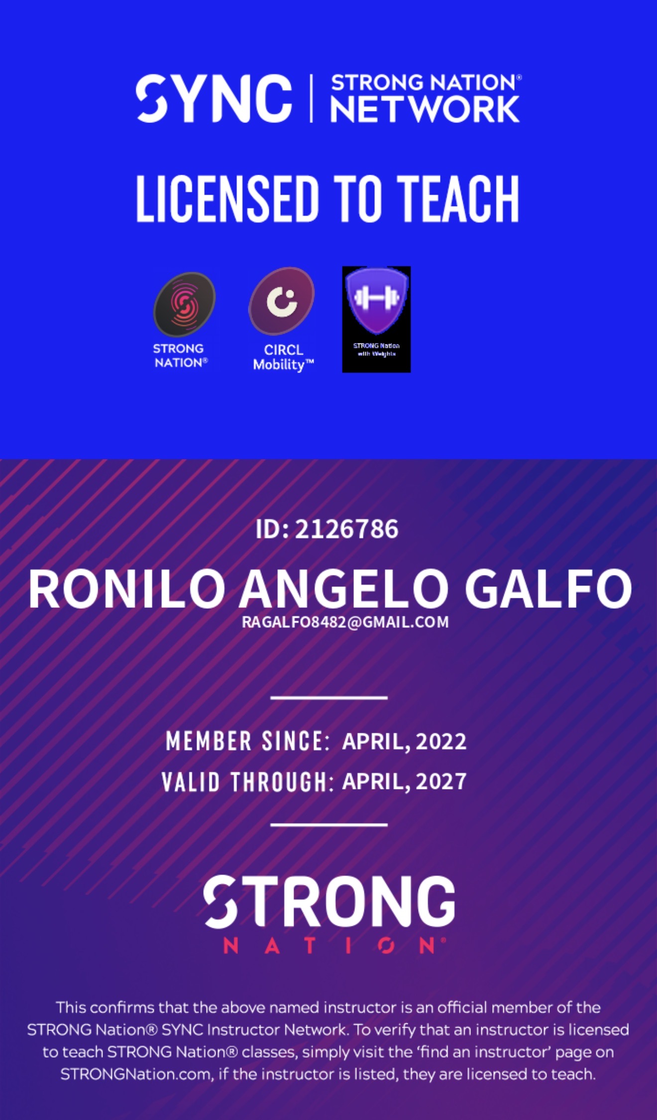 Coach Angelo STRONG Nation instructor license and validity